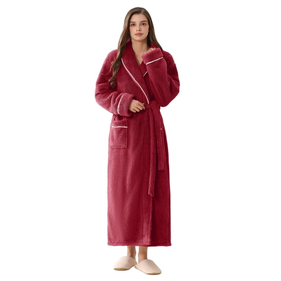 AMITOFO Women’s Thick Long Robe with Contrast Piping V-Neck – Soft Warm Winter Housecoat with Waist Belt and Side Pockets