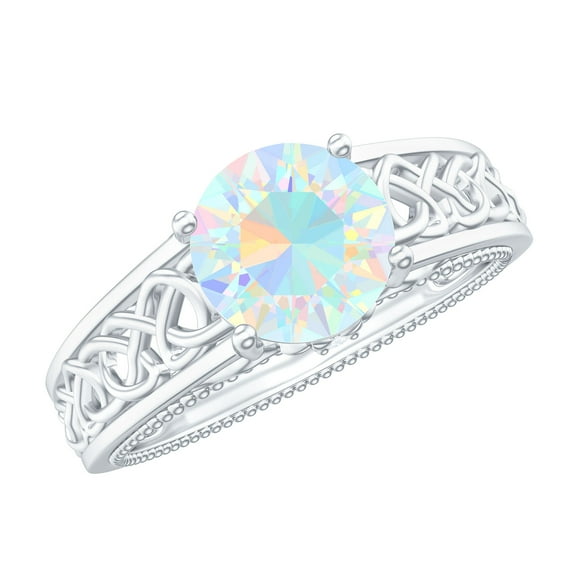 Rosec Jewels Vintage Inspired Ethiopian Opal Solitaire Celtic Band Ring with Diamond (AAA Quality), 925 Sterling Silver, US 4.00
