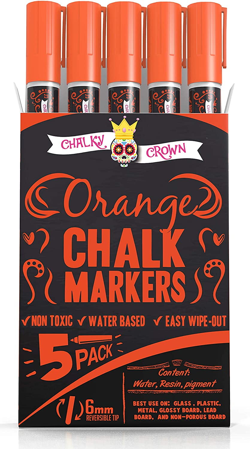 Chalky Crown Liquid Chalk Marker Pen - Dry Erase Marker - Chalk Markers for Chalkboard Signs, Windows, Blackboard, Glass - 6mm Reversible Tip - 24 Chalkboard Labels Included (Orange, 5 Pack)