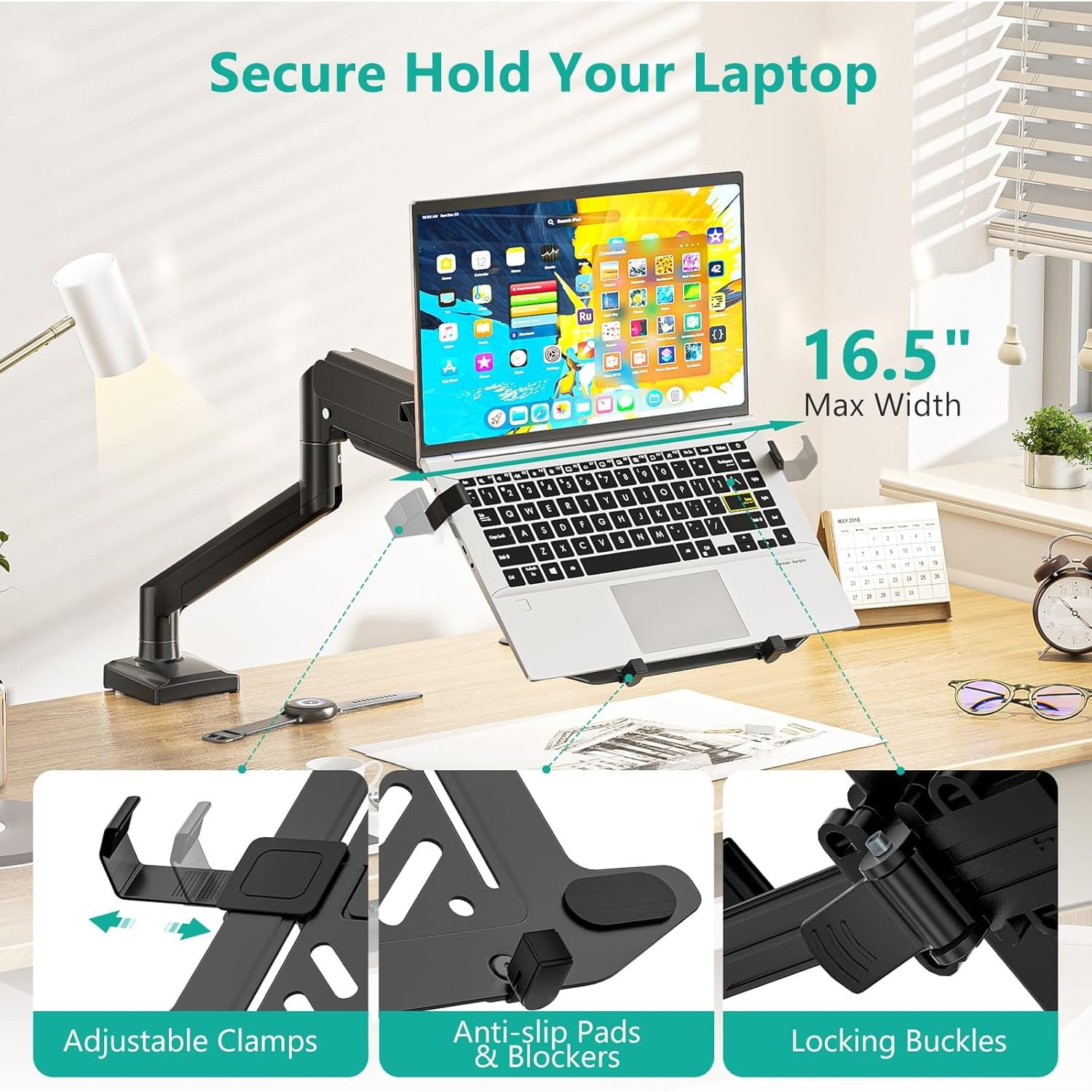 Laptop Desk Mount, 2-in-1 Monitor Mount with Adjustable Laptop Tray, Fits Max 17" Notebook and 34" Computer Screen, Max Holds 22-26.4 lbs, Single Monitor Laptop Stand for Desk , Black