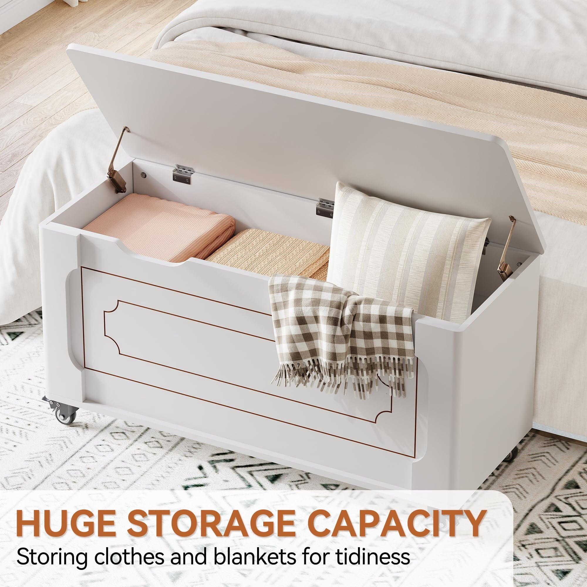 Garderth Storage Chest,Wooden Storage Bench,Storage Trunk With Wheel,End Of Bed Bench,Toy Chest With 2 Safety Hinges,U-Shape Cutout,Supports 350 Lbs For Entryway Living Bedroom