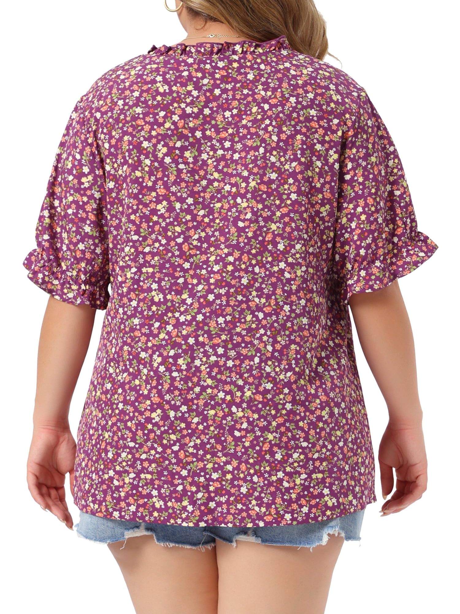 DARING DIVA Women's Plus Summer Top Floral V Neck Ruffle Puff  Casual Blouse Top 4X Purple