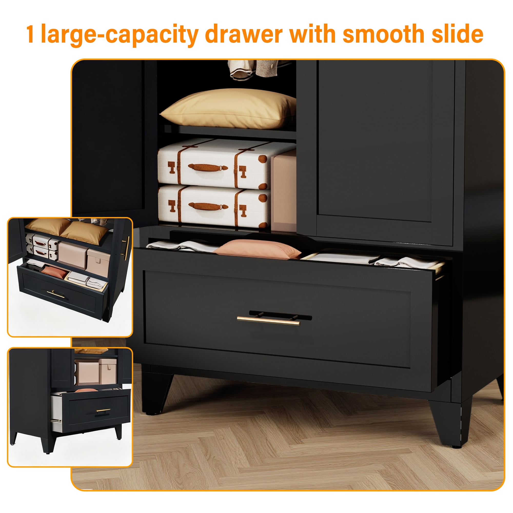 ShiKeyi 60" Tall Metal Wardrobe Cabinet with 1 Drawer and Hanging Rod, 2 Doors Wardrobe Closet with Shelf for Bedroom, Black