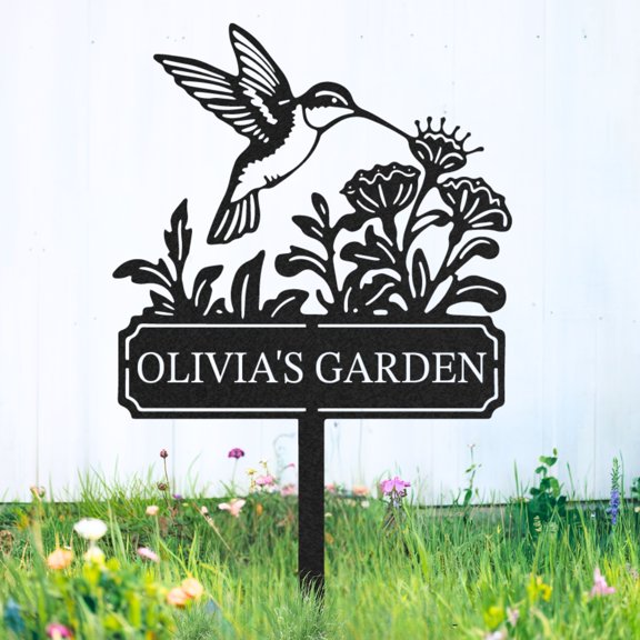 KAINSY Personalized Garden Metal Sign, Custom Garden Stake, Hummingbird Yard Stake, Customized Name Sign for Outdoor, Outdoor Gardening Decor Gifts for Gardeners(10inches)