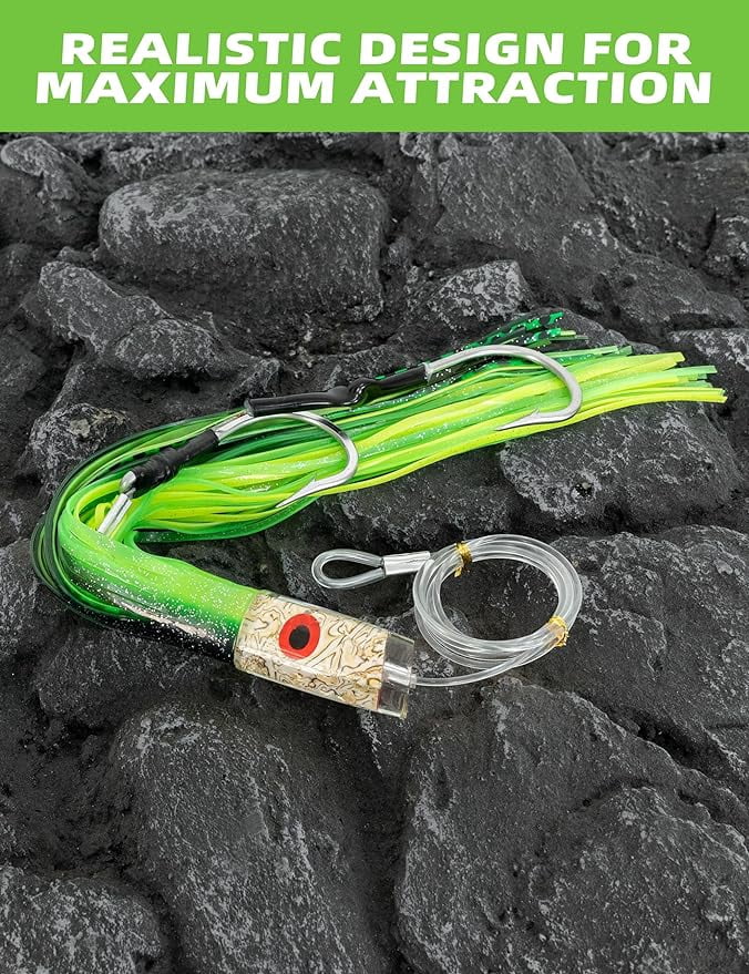 BLUEWING 15in Big Game Trolling Lure with Double Rigged Hookset and 300lb High Strength Fishing Line Saltwater Fishing Lures for Wahoo Tuna Marlin Mahi Mahi Green/Black