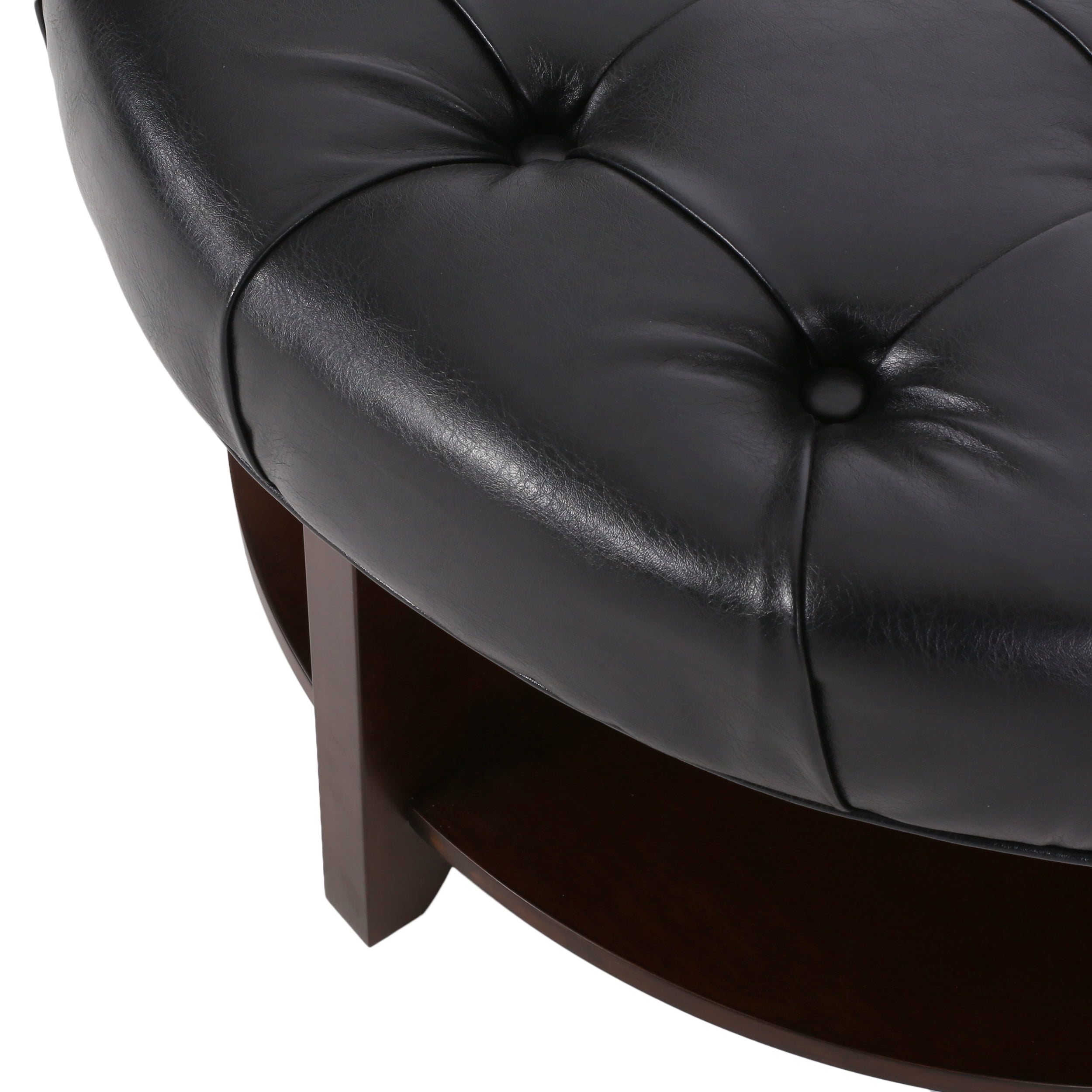 Noble House Aldrich Faux Leather and Wood Tufted Round Ottoman with Open Shelf, Midnight Black and Espresso