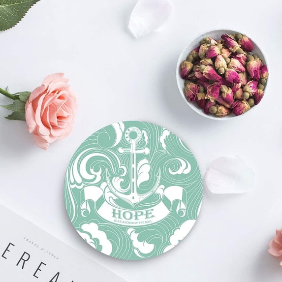 FMSHPON Nautical Theme Hope is An Anchor of the Soul,Green Set of 8 Round Coaster for Drinks, Absorbent Ceramic Stone Coasters Cup Mat with Cork Base for Home Kitchen Room Coffee Table Bar Decor