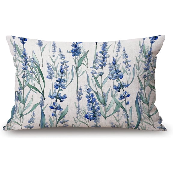 Lavender Lumbar Throw Pillow Cover 12x20 Inch Decorative Bedroom Living Room Blue Floral Rectanglar Cushion Case for Bed Sofa Couch