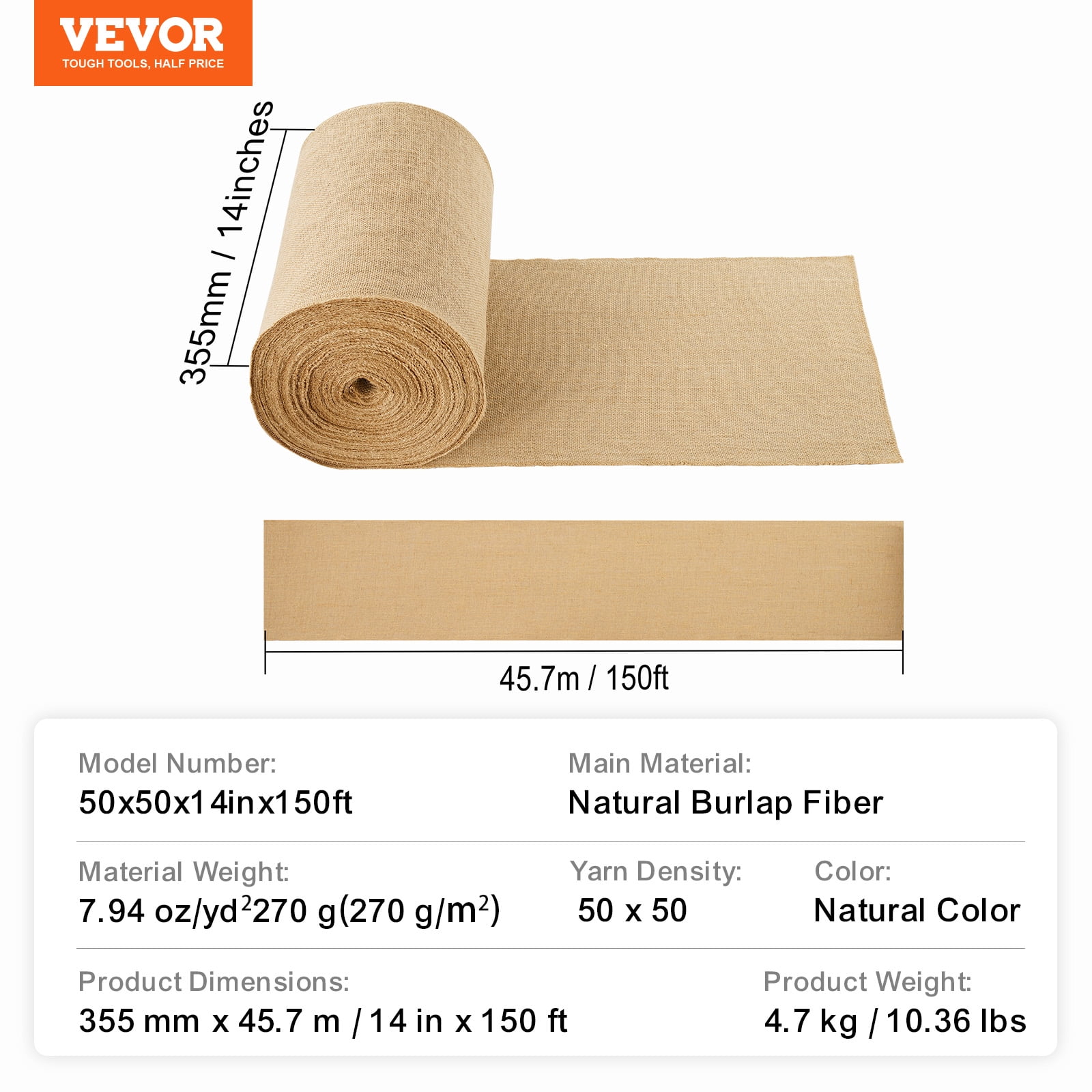 VEVOR Burlap Fabric Roll, 14” x 150 ft & 50 x 50 High Density Wide Natural Burlap Fabric Rolls, Jute Fabric Burlap Tree Wrap Roll, for Decor, Crafts, Wedding, Plant & Tree Winter Covering