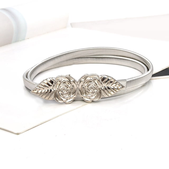 Ceinture Argentée pour Femmes, Mode Décontractée, Taille Élastique Fine, Ceinture Décorative Florale Extensible