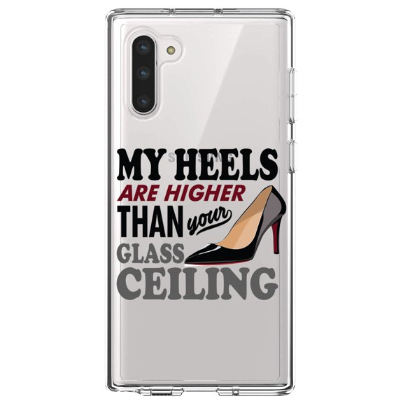 DistinctInk Clear Shockproof Hybrid Case for Samsung Galaxy Note 10 (6.3" Screen) - TPU Bumper Acrylic Back Tempered Glass Screen Protector - My Heels Are Higher Than Your Glass Ceiling