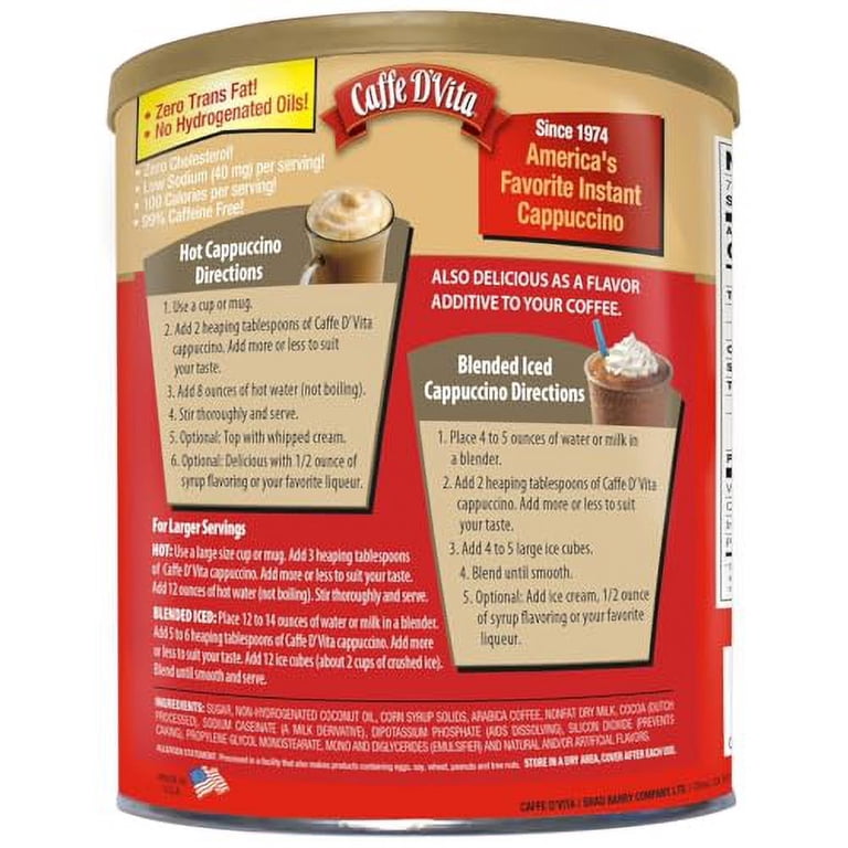 Caffe D'Vita Sugar Free Mocha Cappuccino Mix - 2-Pack, 8.5 Oz Cans, 99% Caffeine Free, Gluten Free