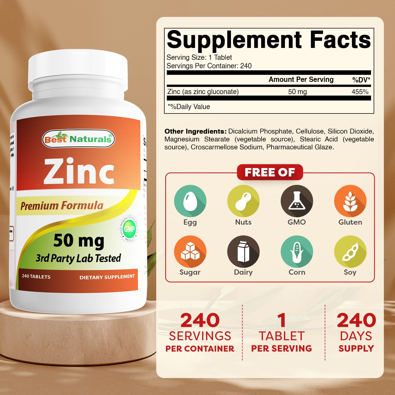 3 Pack Best Naturals Zinc 50 mg 240 Tablets