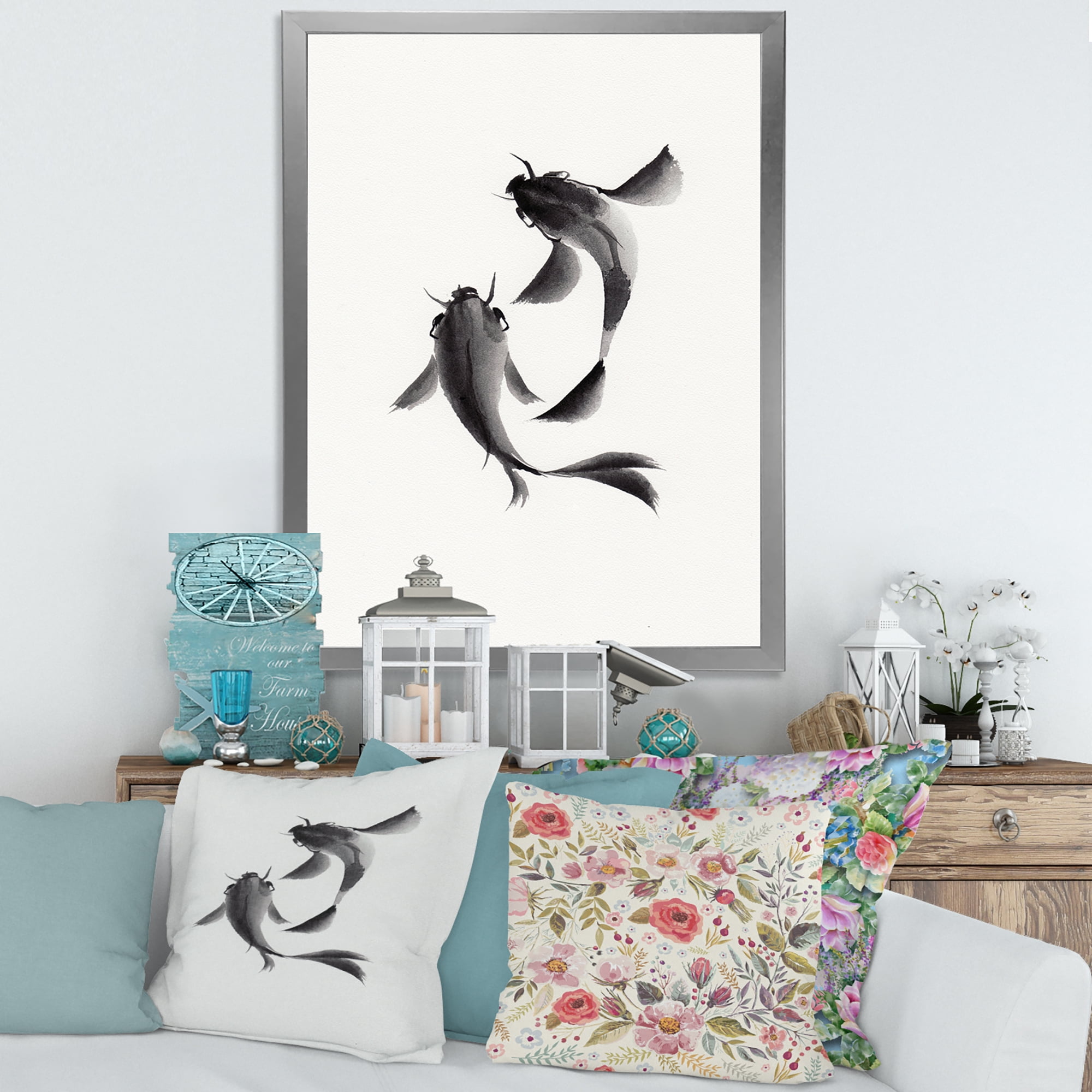 Designart 'Black and White Vintage Fish II' Nautical & Coastal Framed Art Print