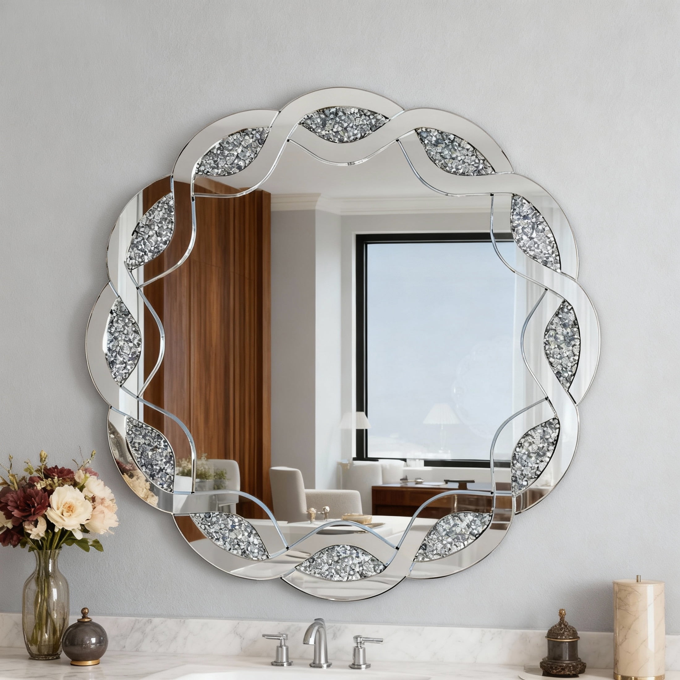 Noble House Crush Diamond Round Wall Mirror, Wave Frame Decorative Mirror Heavy Duty Frame with 2 Hangers, Silver