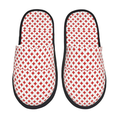 Balery Red Cross Slient Indoor Furry Fleece Comfort House Shoes Soft Non-Slip Home Shoes Cotton slippers House Slippers-- Medium