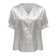 thumbnail image 5 of Womens Casual Tops Satin V Neck Button Up Short Sleeve Ruffle Womens Clothing,White,S, 5 of 5
