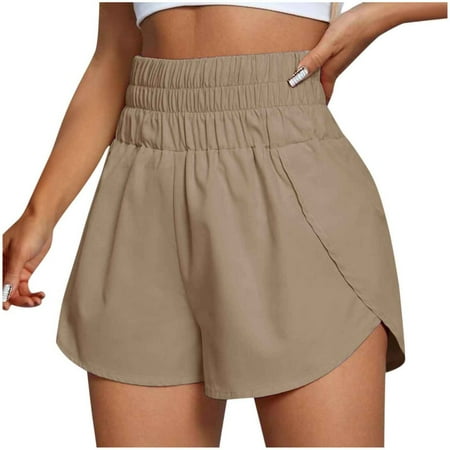 WNVMWI Womens Shorts Denim Shorts for Women Loose Shorts Womens Casual Running Shorts Workout Elastic Waist Athletic Yoga Pants Sports Pockets Pants Athletic Gym Workout Shorts Hot Pants Khaki Be L