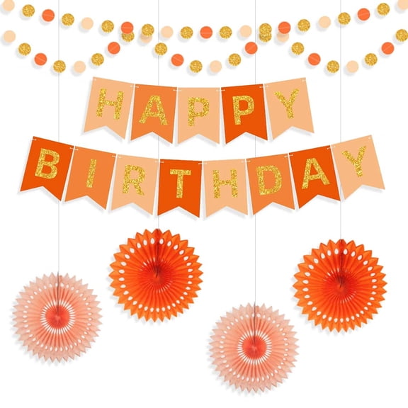 Fall Orange Peach Pink Gold Happy Birthday Banner Circle Dots Garland Polka Dot Hanging Paper Streamer with Hollow Paper Fan Flower Autumn Boho Birthday Baby Shower Party Decorations Supplies