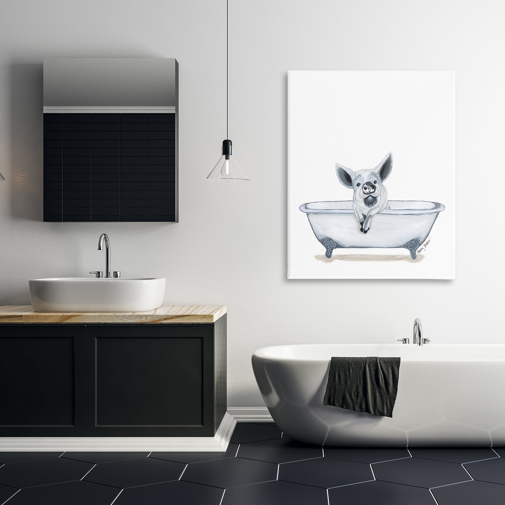 Stupell Industries Pig in Tub Sketch Bath & Laundry Painting Wrapped Canvas Art Print Wall Art, 36 x 48