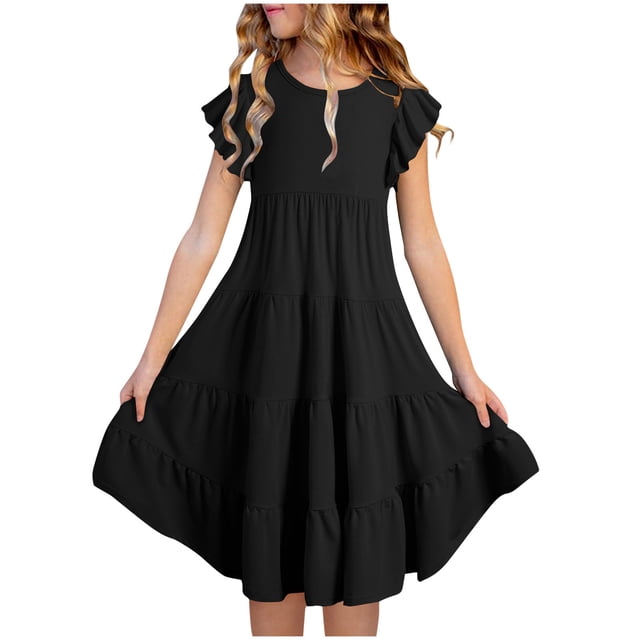Liquidation d'Économies d'Été! WRKEKC Robes d'Été pour Filles, Robe Décontractée pour Filles, Robe d'Été à Manches Courtes pour Filles avec Poches à Volants, Col Rond, Unie, 14 Ans