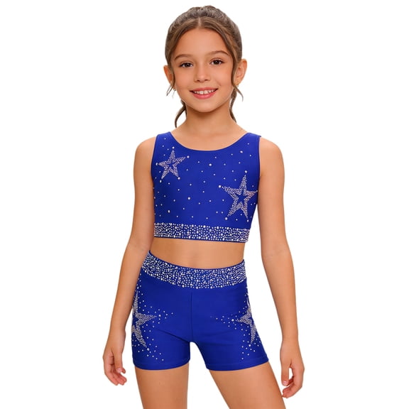 Hansber Kids Girls Cheerleading Outfits Shiny Rhinestones Dance Crop Top and Gymnastics Shorts Set Dancewear Blue 14