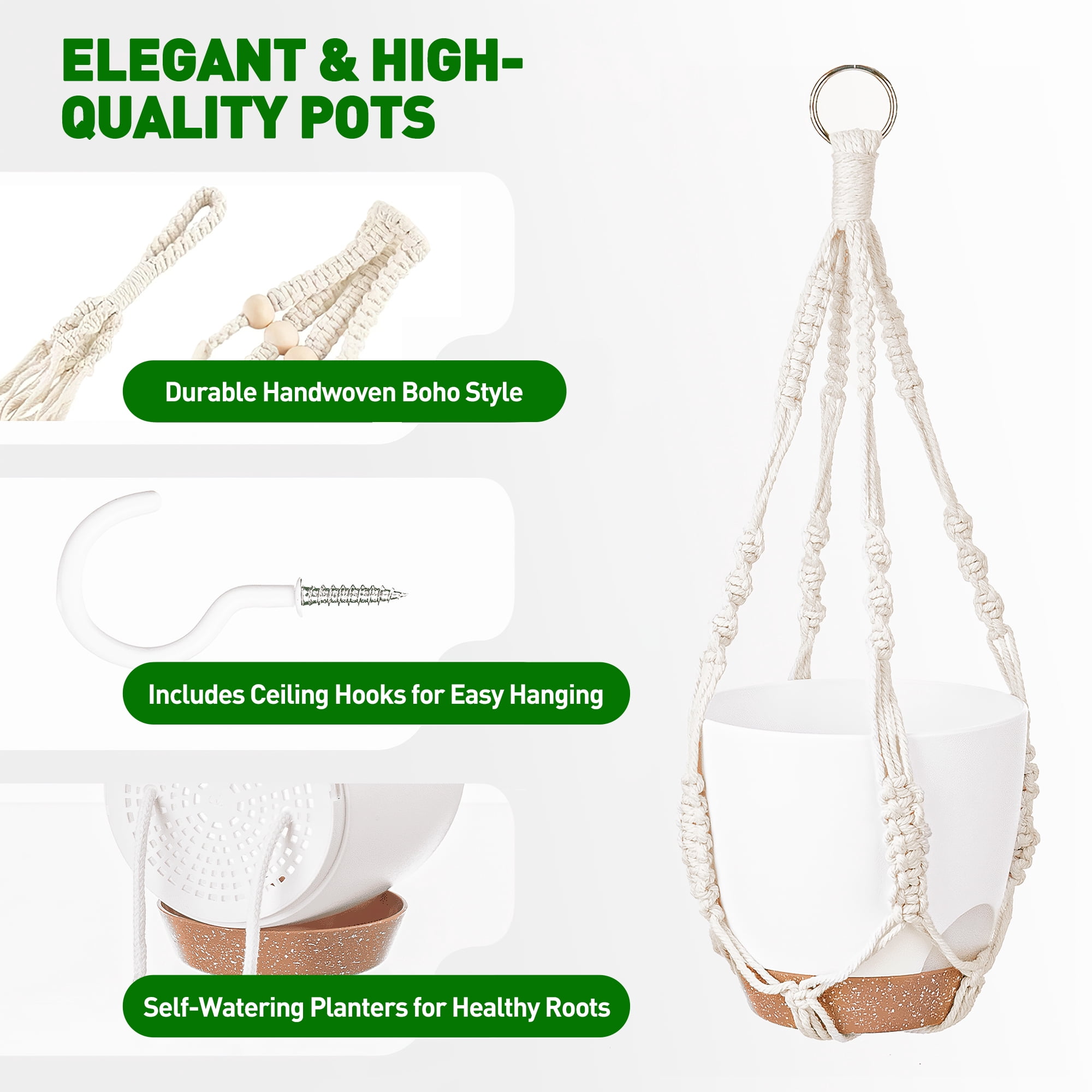3-Pack Self Watering Hanging Plant Pots with Macrame Hangers, Plastic Planters with Drainage Holes and Saucers, Indoor Outdoor Flower Pots, Includes 3 Ceiling Hooks, 7"/6"/5.5" (White)