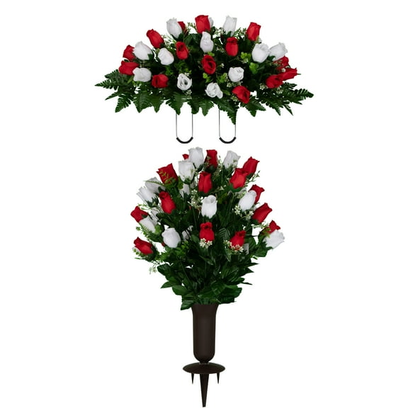 Sympathy Silks Artificial Cemetery Flowers  Red and White Rose Bud saddle and 1 Bouquet with Vase
