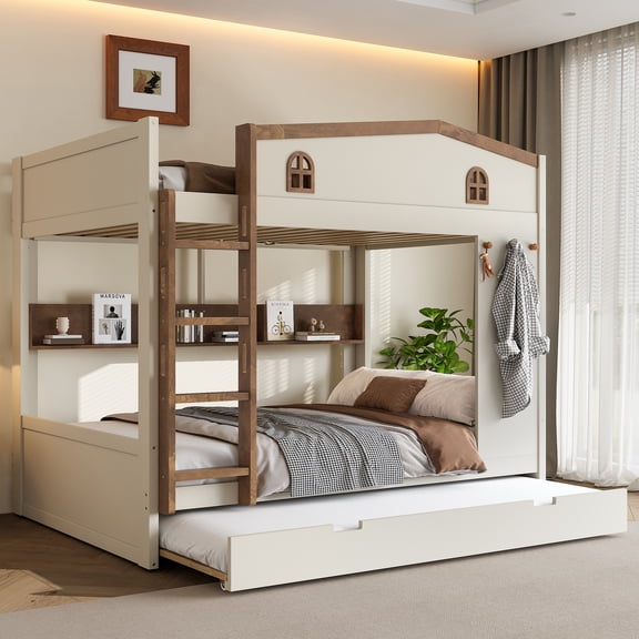 Newest Triple Sleeper for Large Families & Vacation Homes Space Maximizing Solid Wood Queen over Queen Bunk Bed with Trundle and Storage, Beige and Natural