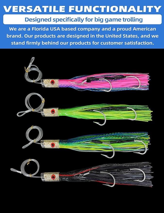 BLUEWING 15in Big Game Trolling Lure with Double Rigged Hookset and 300lb High Strength Fishing Line Saltwater Fishing Lures for Wahoo Tuna Marlin Mahi Mahi Black/Purple