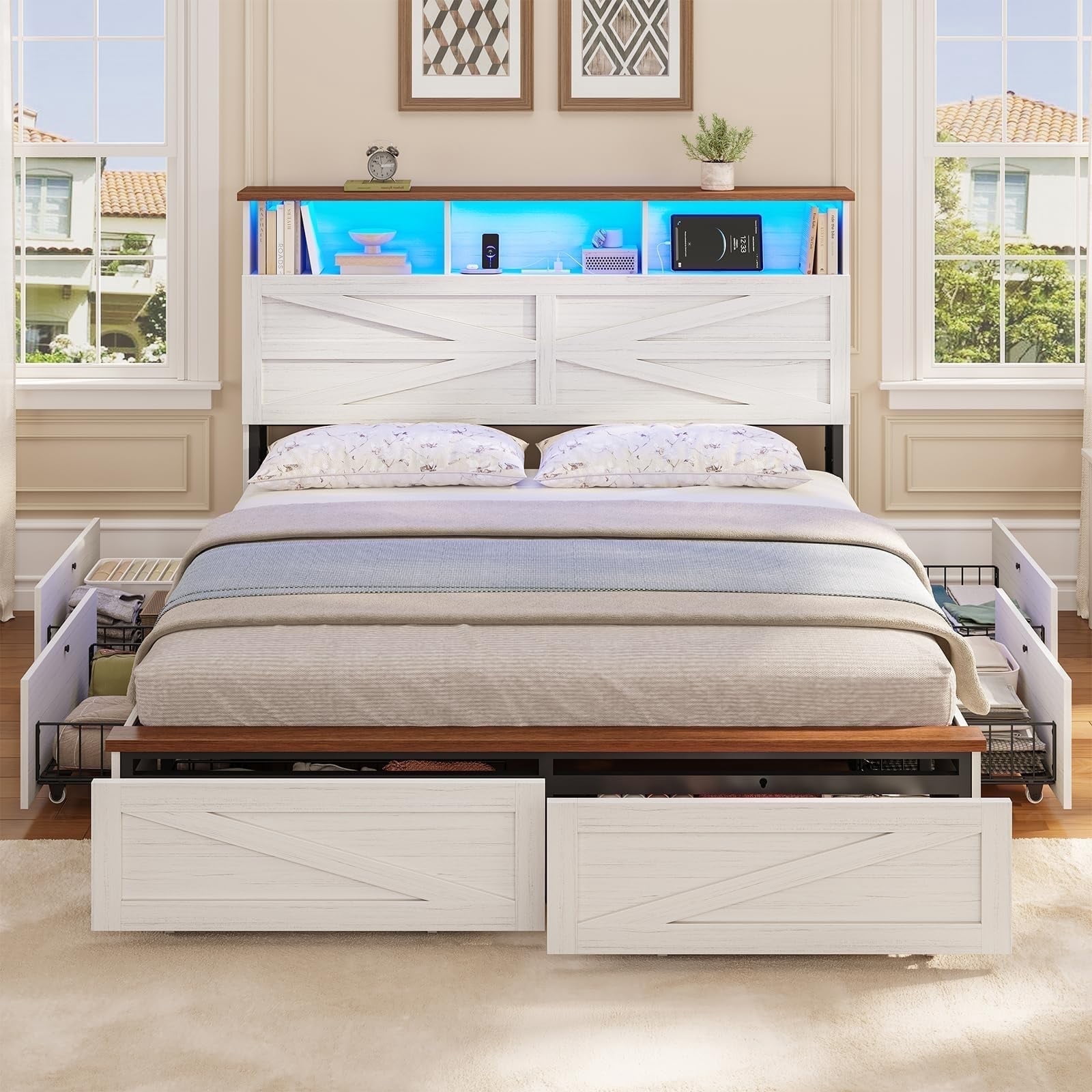 Queen Bed Frame with 6 Drawers, Farmhouse Bed Frame with Barn Door Headboard and Storage, Wood Platform Bed Frame Queen Size with Charging Station and LED Lights, No Box Spring Needed, White
