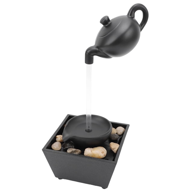 Tabletop Floating Teapot Water Fountain Ornament Indoor Tabletop Waterfall Decoration with LED Light Stones Home Office Table Decor