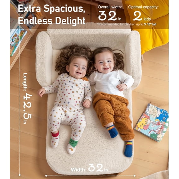 2-in-1 Sherpa Fold Out Kids Couch  Wide  Toddler Chair Convertible Sofa Bed for Boys Girls 3  Beige