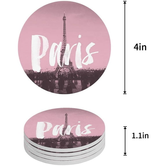 FMSHPON Paris France Decor Eiffel Tower Set of 4 Round Coaster for Drinks, Absorbent Ceramic Stone Coasters Cup Mat with Cork Base for Home Kitchen Room Coffee Table Bar Decor