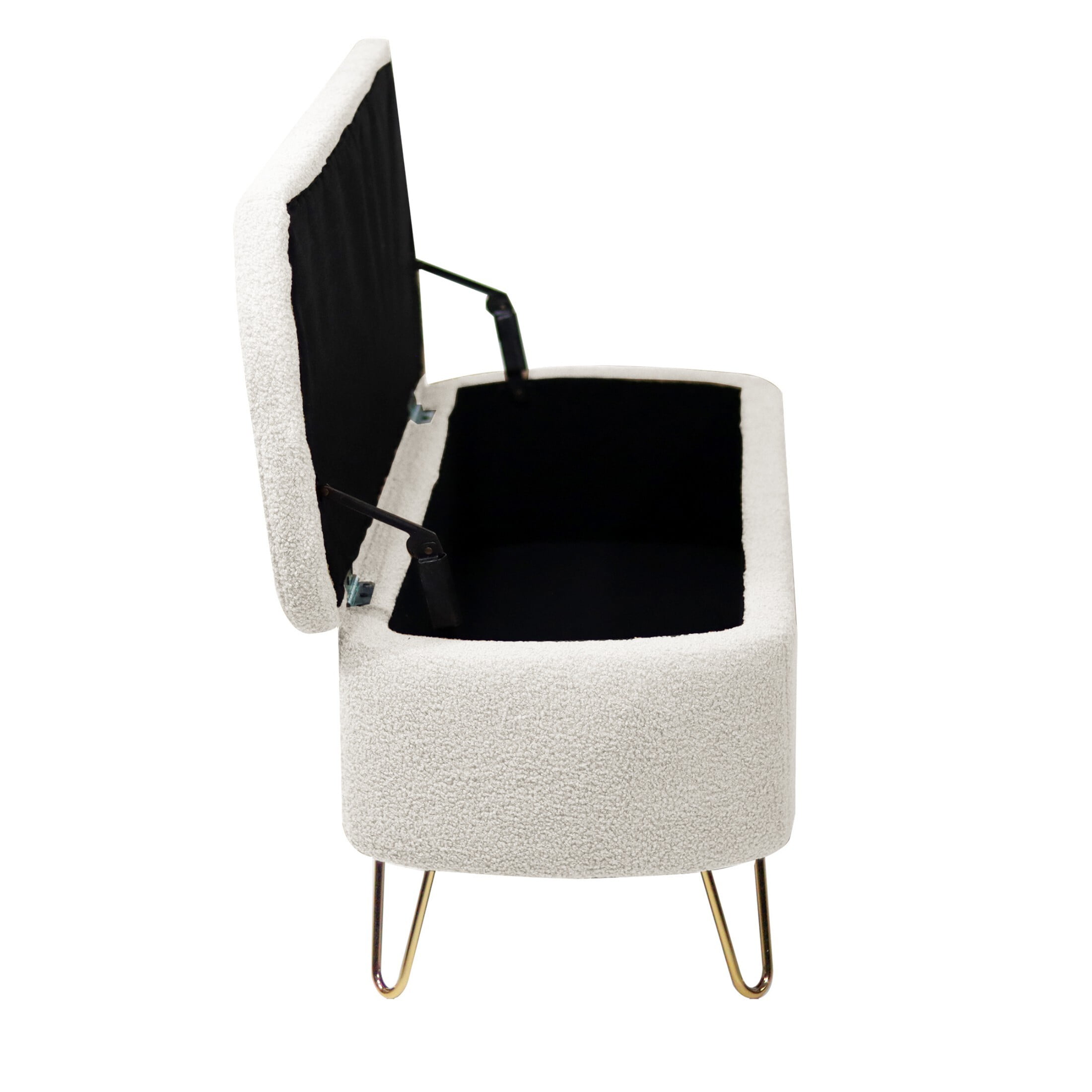 DEALTOPS Stylish Faux Fur Storage Bench, Oval Ottoman with Storage Space and Metal Legs, Ivory