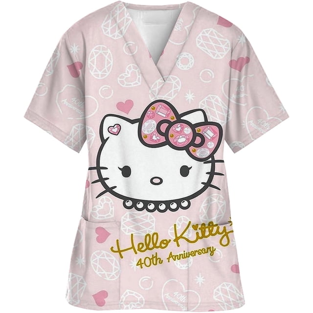 Uniforme d'Infirmière Kawaii, Hauts de Blouses Médicales pour Femmes, Imprimé Hello Kitty, Manches Courtes, Poches