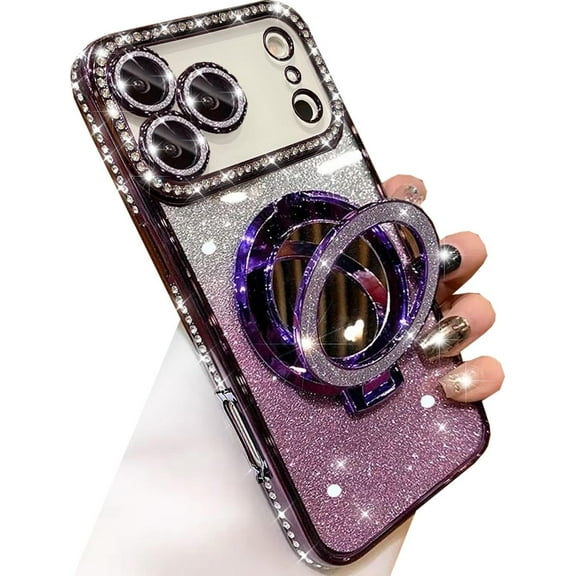 Magnetic Kickstand Glitter Case for iPhone 17 Pro,[Compatible with Magsafe] Cute Bling Sparkly Rhinestones with Camera Protector &Makeup Mirror Women Girls Case for iPhone 17 Pro 6.3", Purple