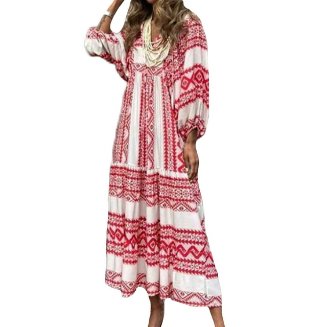 LUXUR Robe Maxi pour Femmes Été Évasée Imprimée Froncée Manches Bouffantes Kaftan Bordeaux S