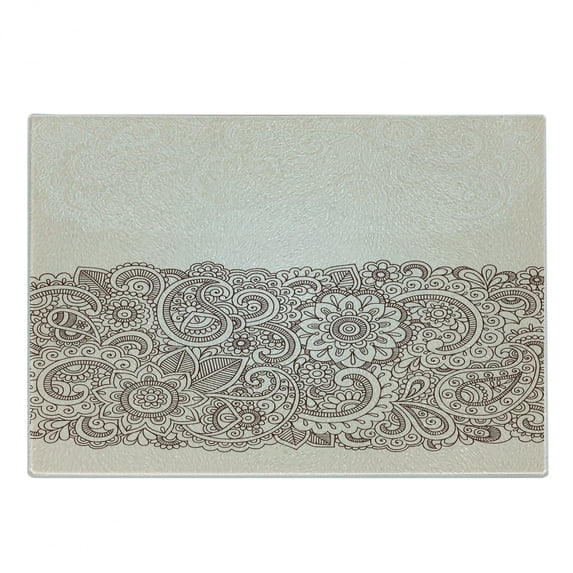 Oriental Cutting Board, Complex Design Mandala and Paisley Nature Inspired Traditional Victorian Revival, Decorative Tempered Glass Cutting and Serving Board, Small Size, Brown Tan, by Ambesonne