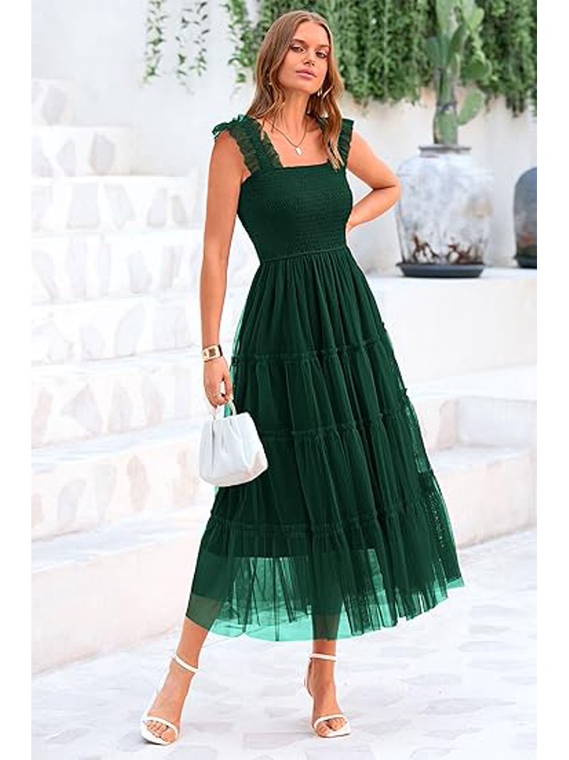 Prettygarden Women's Midi Tulle Dress Sleeveless Smocked Square Neck Ruffle Flowy Party Wedding Guest Sundress, Size: Medium, Green