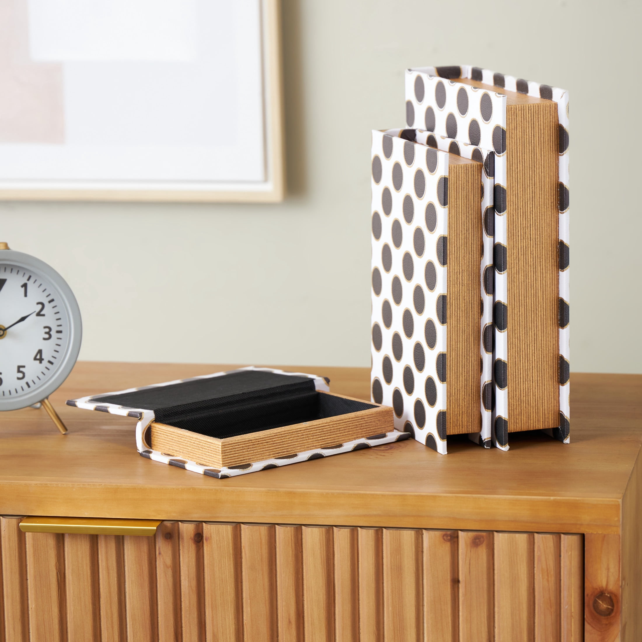 DecMode Polka Dot Faux Book Storage White Faux Leather Decorative Box with Black and Metallic Gold Accents, 3 Count