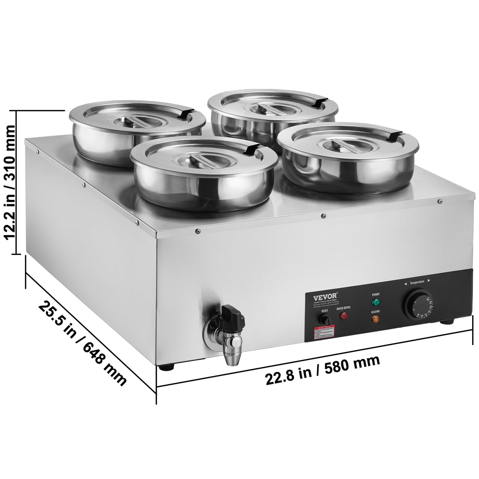 VEVOR Electric Soup Warmer, Four 7.4QT Stainless Steel Round Pot, 1500W Commercial Food Warmer, 86~185°F Adjustable Temp, Bain Marie with Anti-Dry Burn and Reset Button, for Restaurant, Buffet