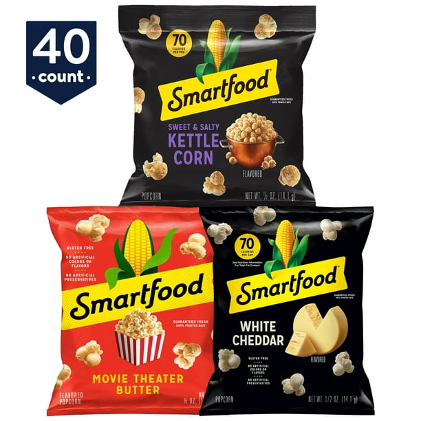 Smartfood White Cheddar, Kettle Corn & Movie Theater Butter Popcorn, 40 Ct Variety Pack (0.5 Oz