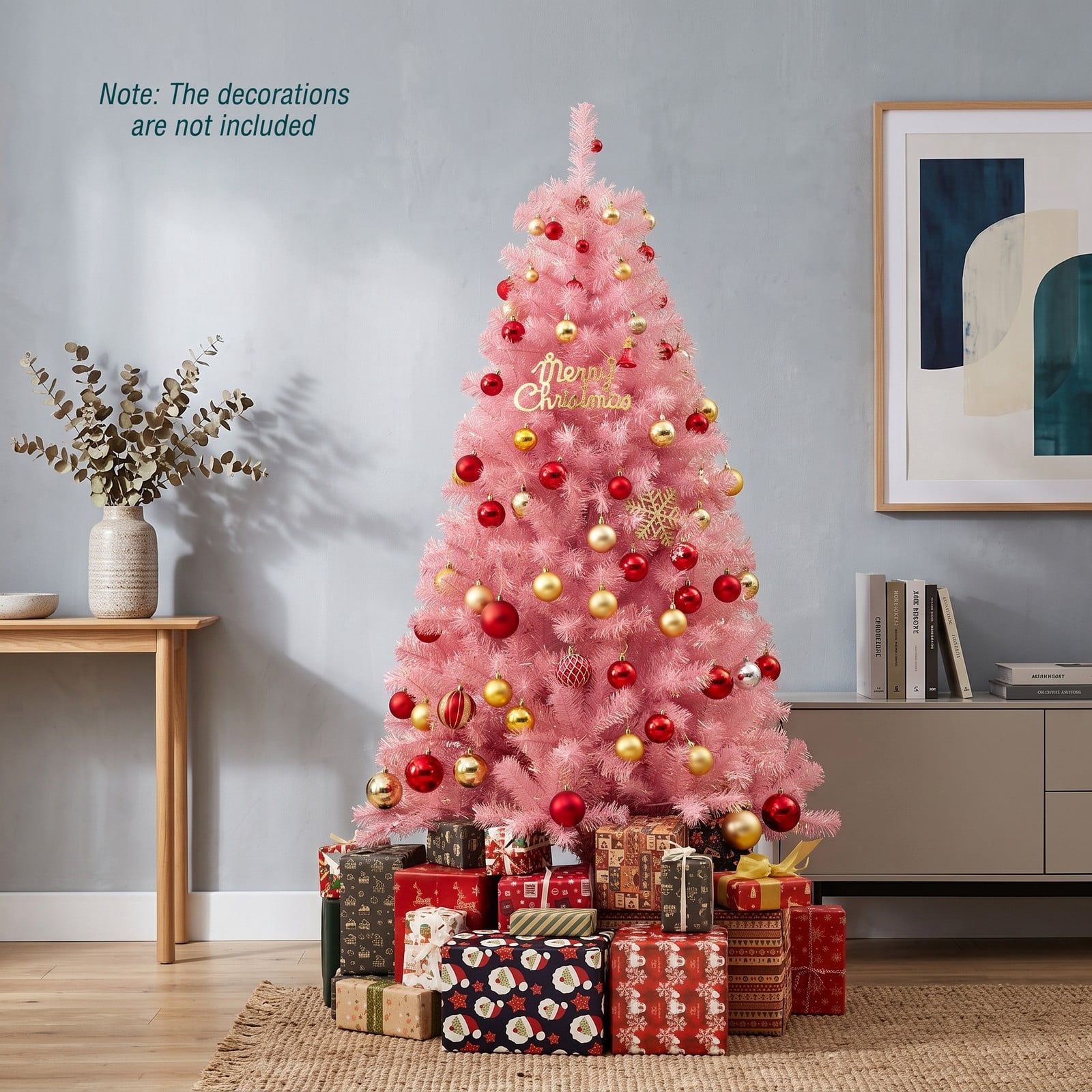 RUIE 6ft Pre-Lit Tinsel Christmas Tree, Artificial Xmas Tree with 250 Warm White LED Lights, 688 Lush Branch Tips, 8 Lighting Modes, Metal Base Holiday Decoration, Pink