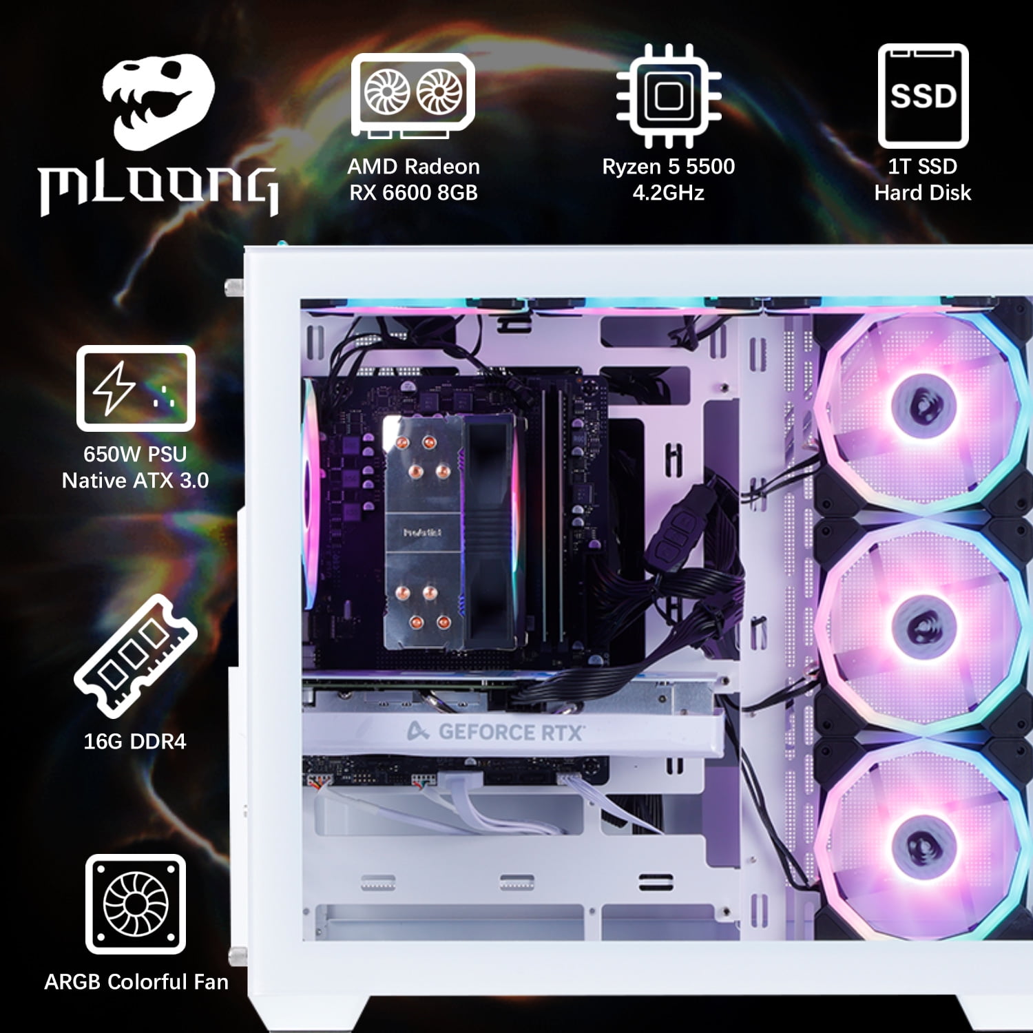 デスクトップPC RYZEN5 5500 Radeon RX 6600 16GB Mloong Gaming PC, AMD Ryzen 5 5500, Radeon RX 6600, 16GB RAM