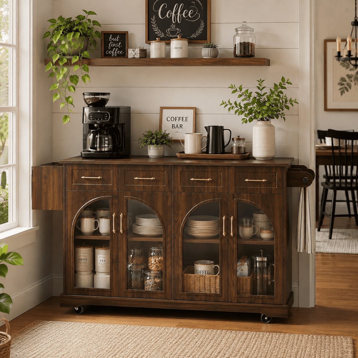 Homy Casa 65.2" Kitchen Island with Storage, Drop Leaf, Power Outlet and Arched Glass Doors, Walnut Brown
