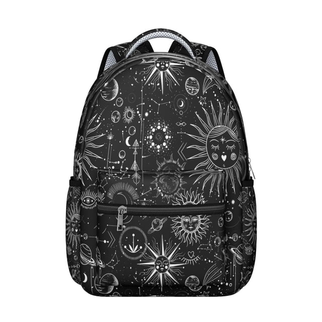 Celestial Gothic Backpack for Student Waterproof Scratch-Resistant Composite Oxford Cloth with Cosmic Sunburst and Moon Print, Breathable Foam Padding, Adjustable Straps