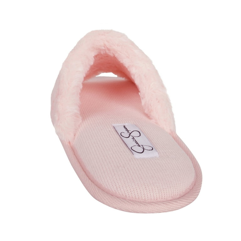 Jessica Simpson Women's Plush Faux Fur Fuzzy Slide on Open Toe Slipper with  Memory Foam