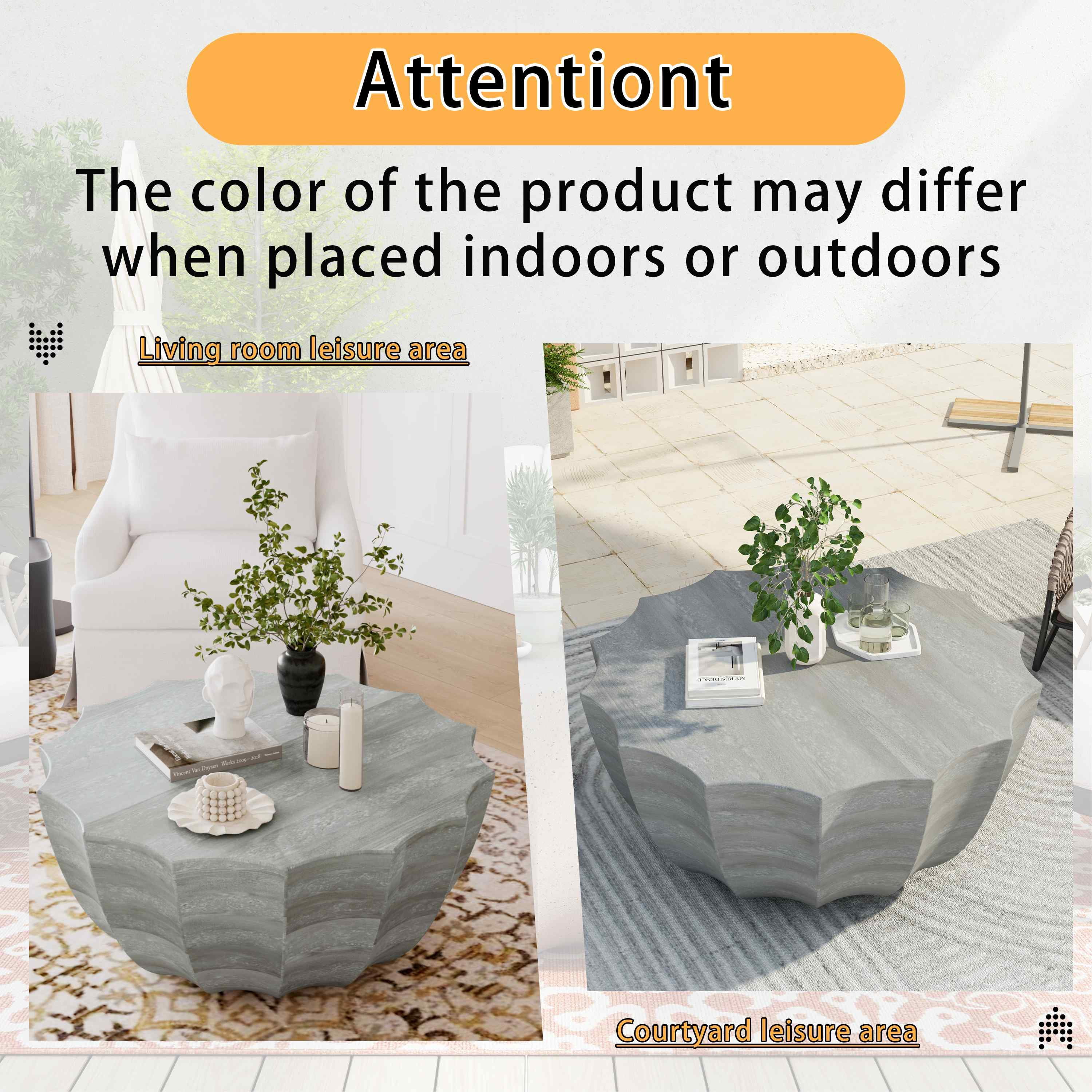 FFH 35.43" Coffee Table for Outdoor and Indoor, Waterproof Round Coffee Table for Living Room, Patio, Durable MgO Cement Design, Marble White