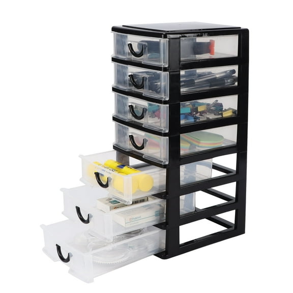 Small Plastic 7 Drawer Desktop Storage System, Mini Organizer Box, Storage Container(5"X7"X13"), Black